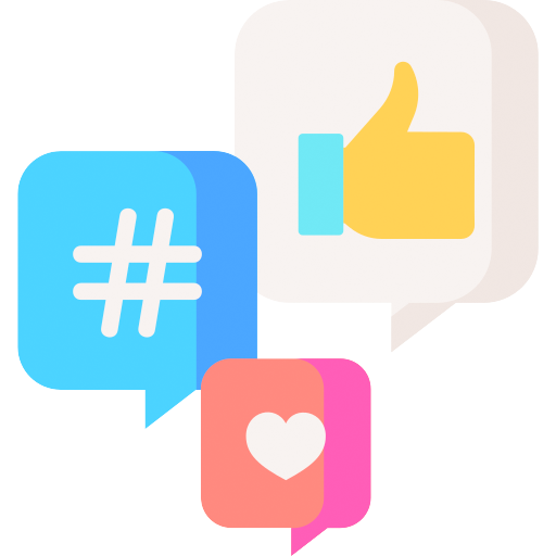 Flaticon met Hashtag, Duim omhoog en een hartje.