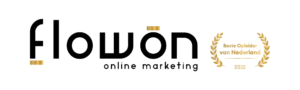 logo van flowon online marketing in een gouden uitvoering met de badge van Beste opleider van Nederland