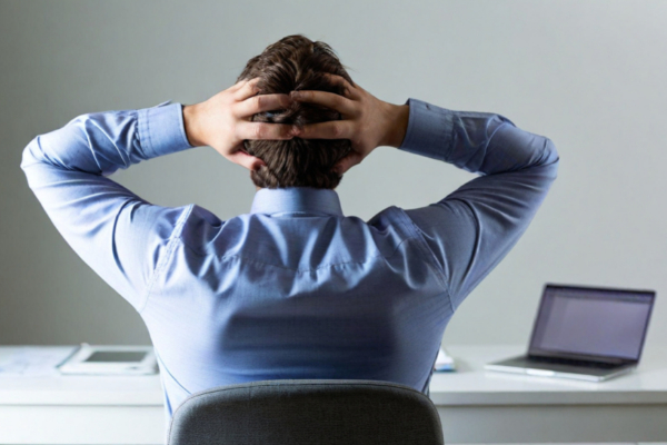 Gefrustreerde ondernemer aan een bureau die overzicht en structuur mist