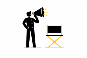 Illustratie van een regisseur met een megafoon naast een regisseursstoel, symbool voor centrale aansturing, overzicht en regie in marketing.