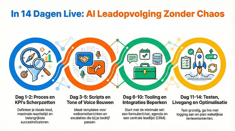Stappenplan voor AI leadopvolging in 14 dagen. De tijdlijn toont vier fasen: Dag 1-2 voor proces en KPI's, Dag 3-5 voor scripts en tone of voice, Dag 6-10 voor tooling en integraties, en Dag 11-14 voor testen, livegang en optimalisatie.