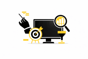 Illustratie van een scherm met een target en een vergrootglas op grafieken, symbool voor specialistische marketinguitvoering en optimalisatie.