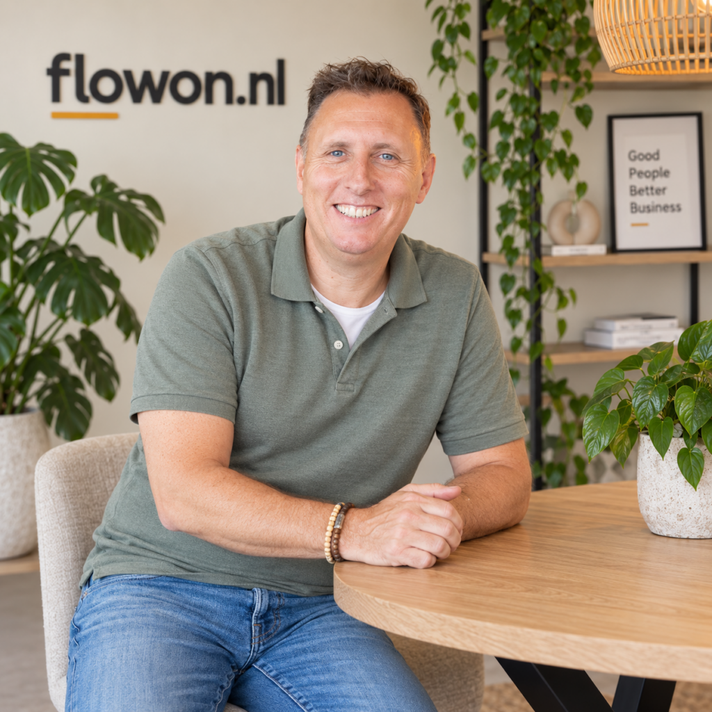 Rob van Berkel van het bedrijf flowon zit aan een tafel
